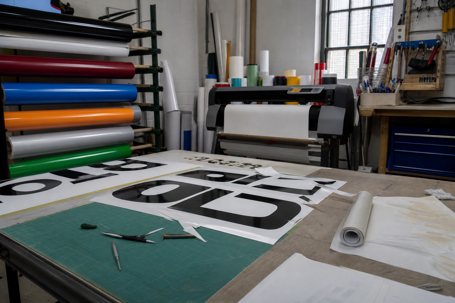 A sign-writing workshop: black vinyl letters being weeded on a bench, with a cutter and colour vinyl rolls behind