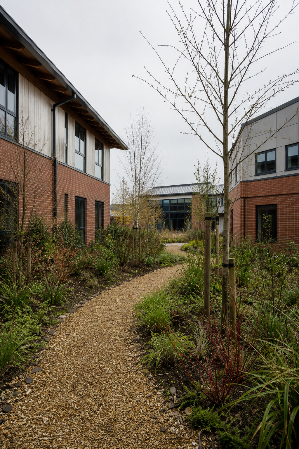 A planted courtyard between low office buildings, with no logos