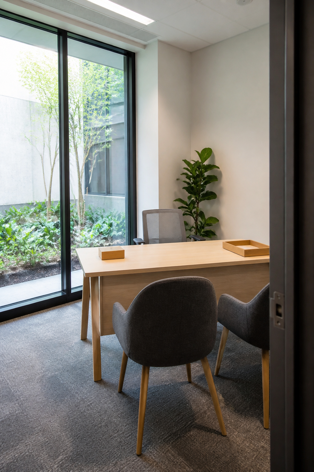 A bright consulting room with a pale wood desk and a plant, with no diplomas
