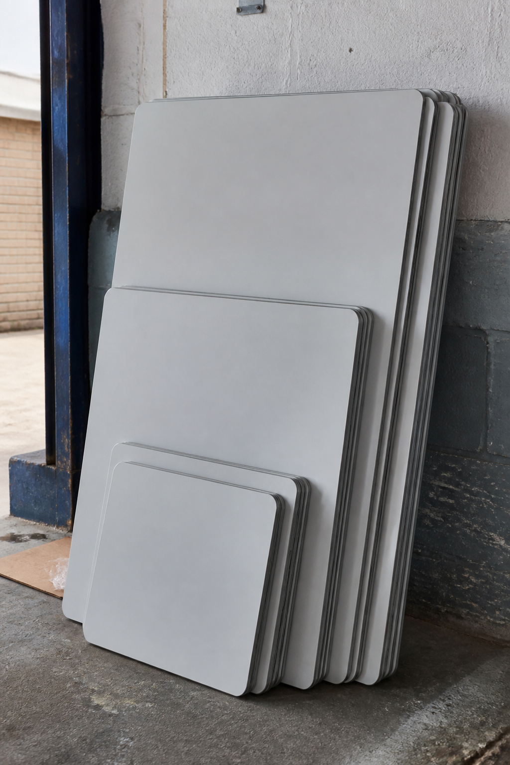 Blank aluminium sign boards stacked against a workshop wall, with no lettering