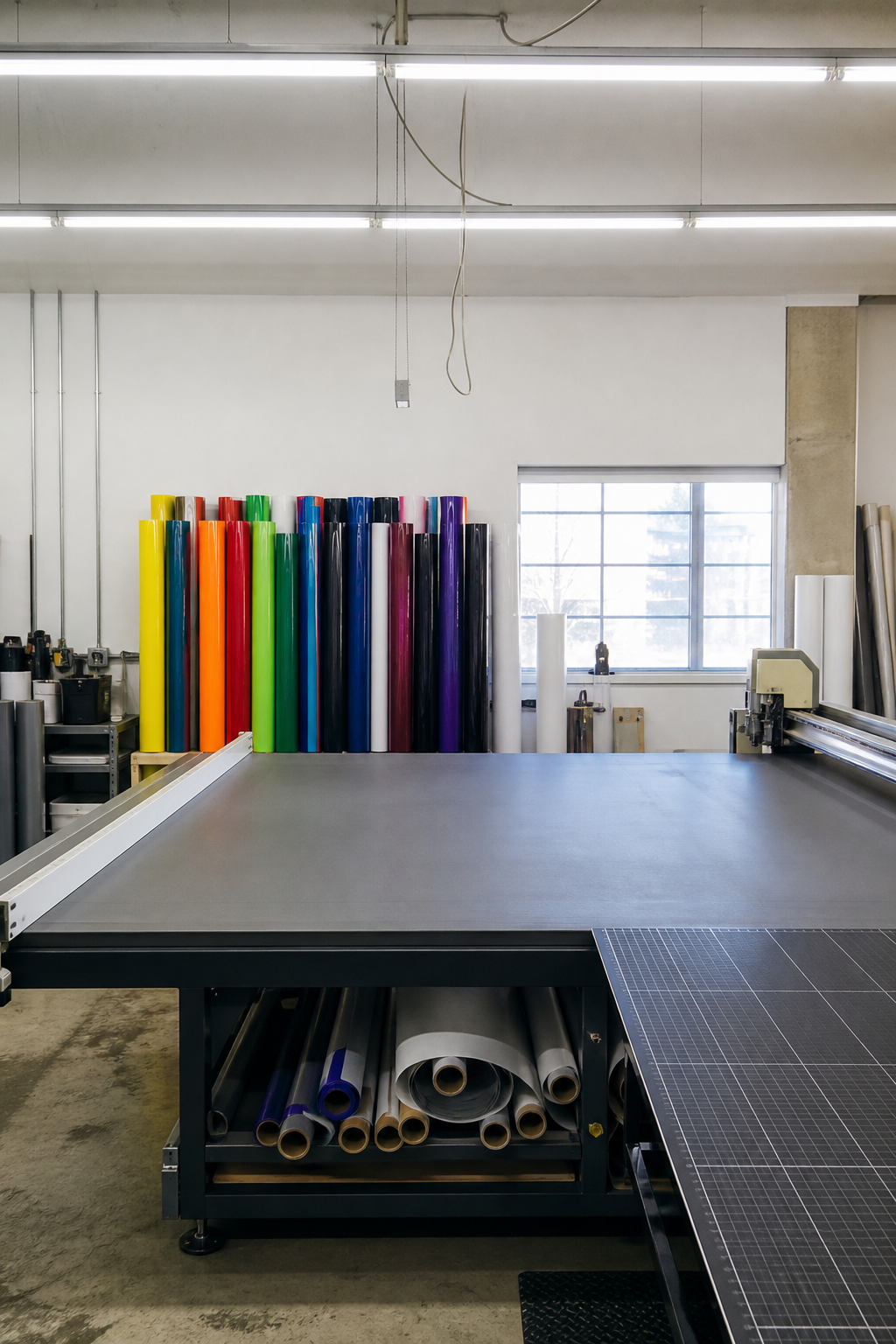 An empty sign workshop with a cutting table and unmarked vinyl rolls, with no logos