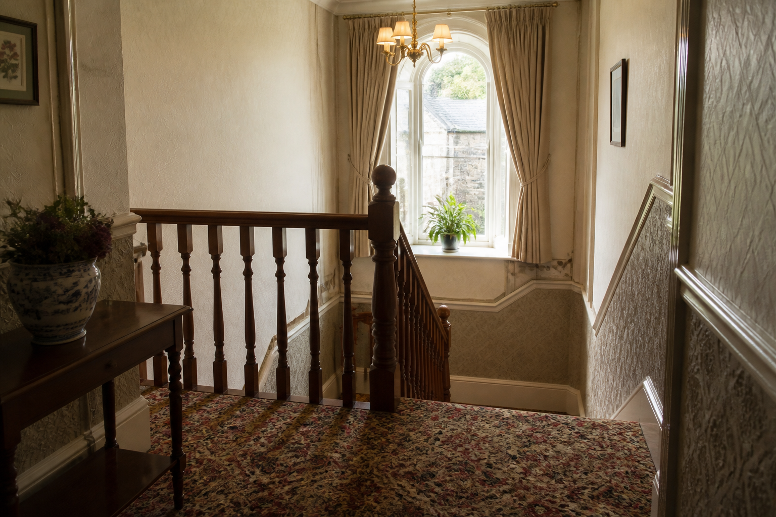 A Victorian staircase landing in an English guest house, with no people
