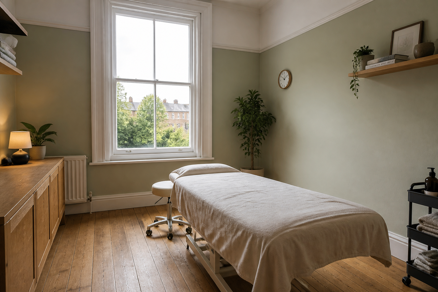 A quiet osteopathy treatment room with a linen couch, with no people and no logos