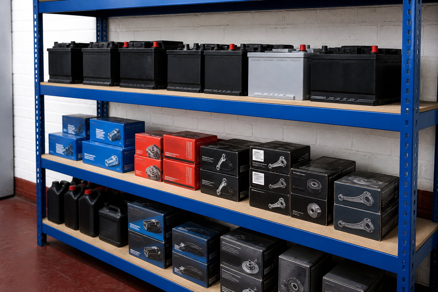 Workshop shelves stocked with batteries and boxed vehicle parts
