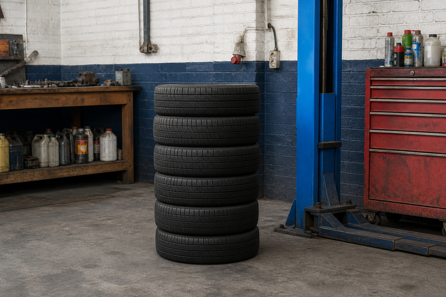 A stack of tyres on the workshop floor beside a lift post