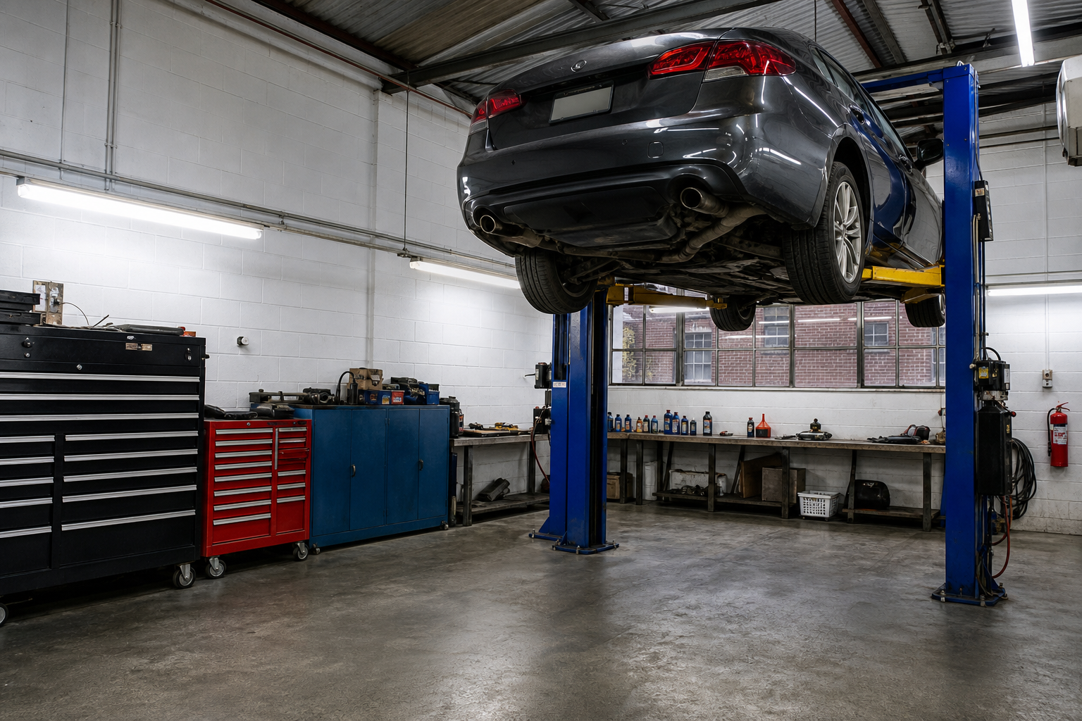 A car raised on a blue two-post lift in the Barkers workshop