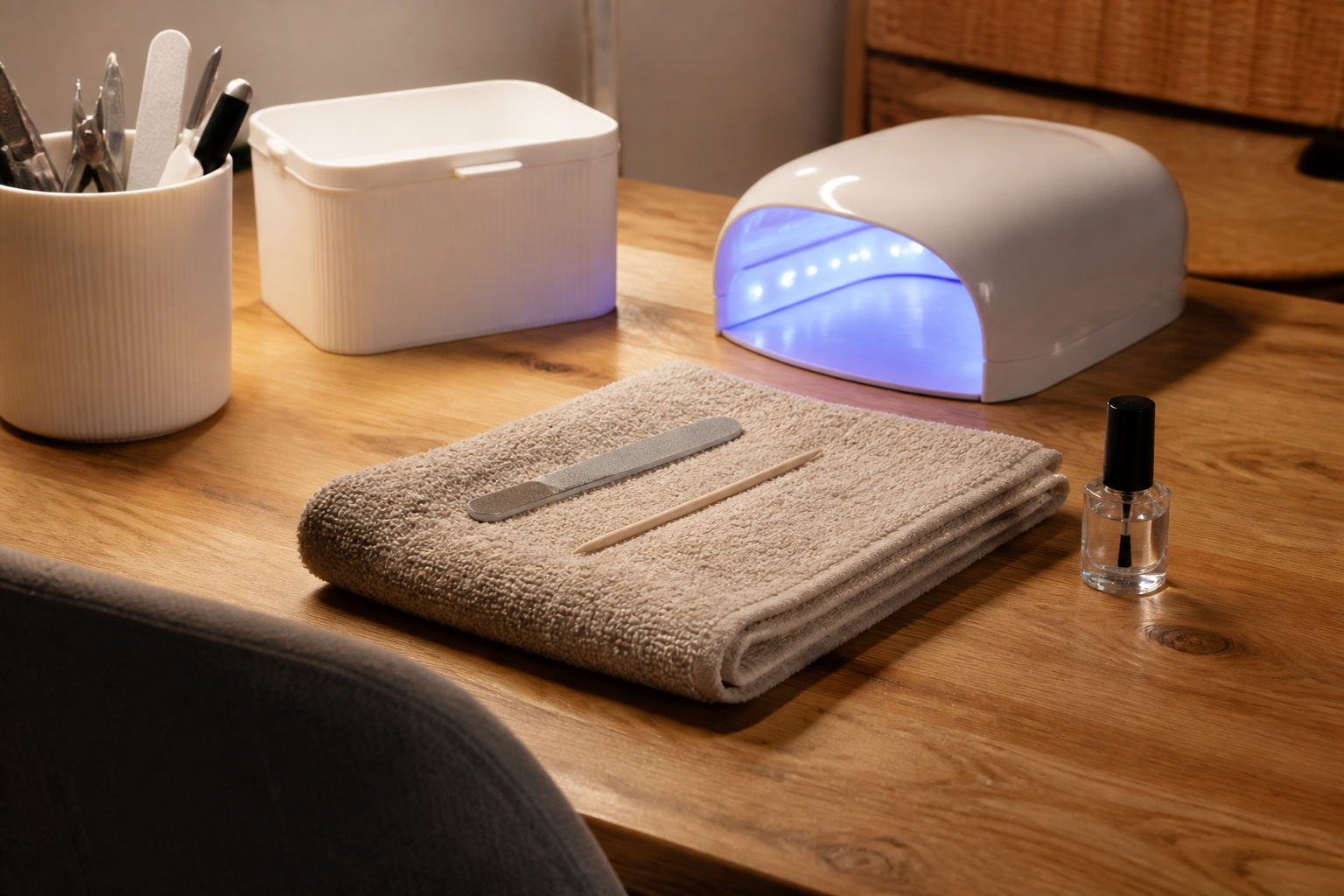 A home manicure desk with a lamp, files and a towel