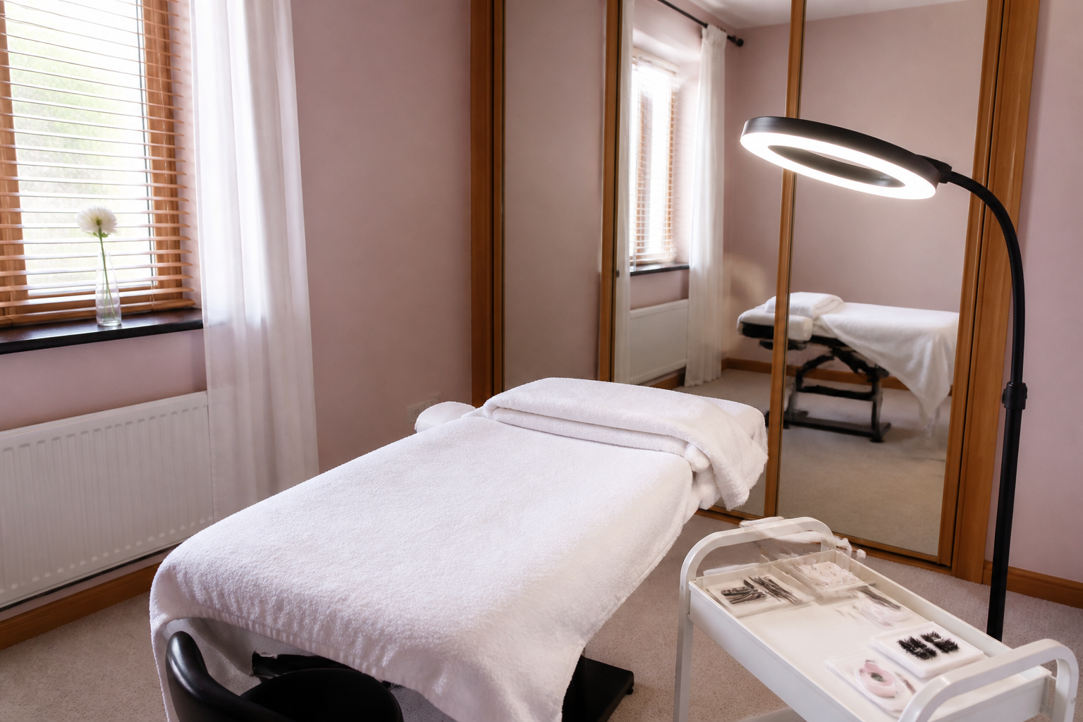A home beauty table with towels, a lamp and lash and brow tools