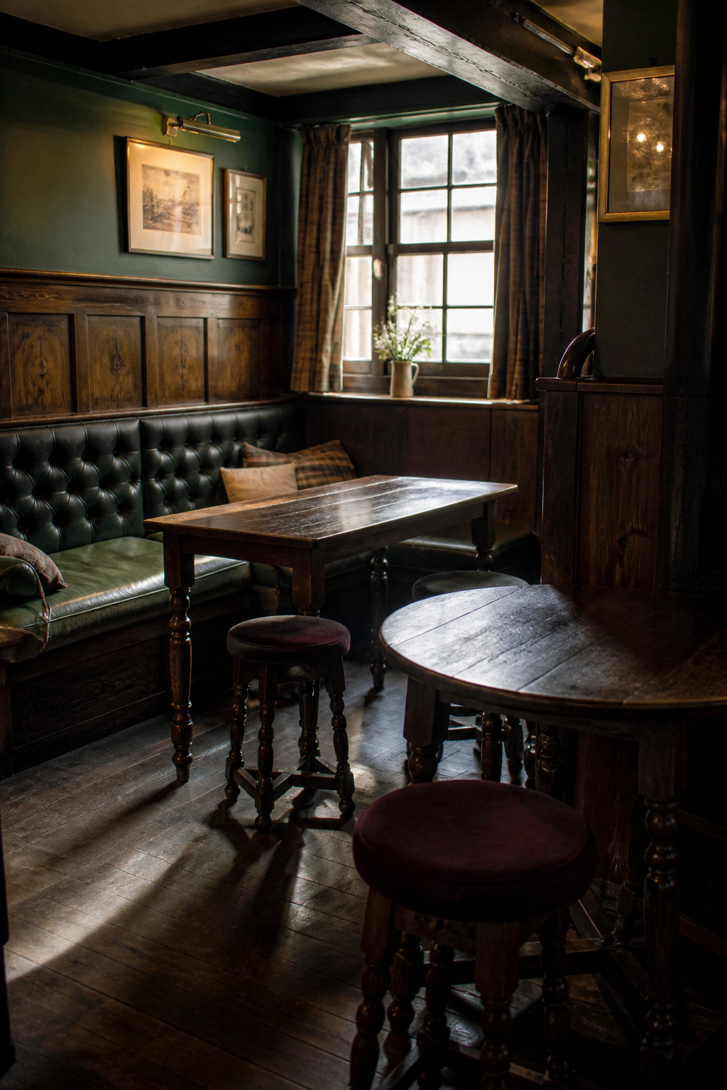 An empty evening bar snug with wooden tables and warm lamplight, with no menus