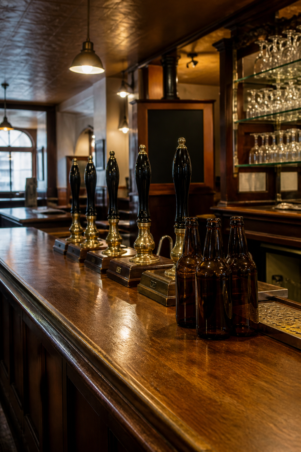 A row of unmarked beer taps on a dark timber bar, with no logos and no prices