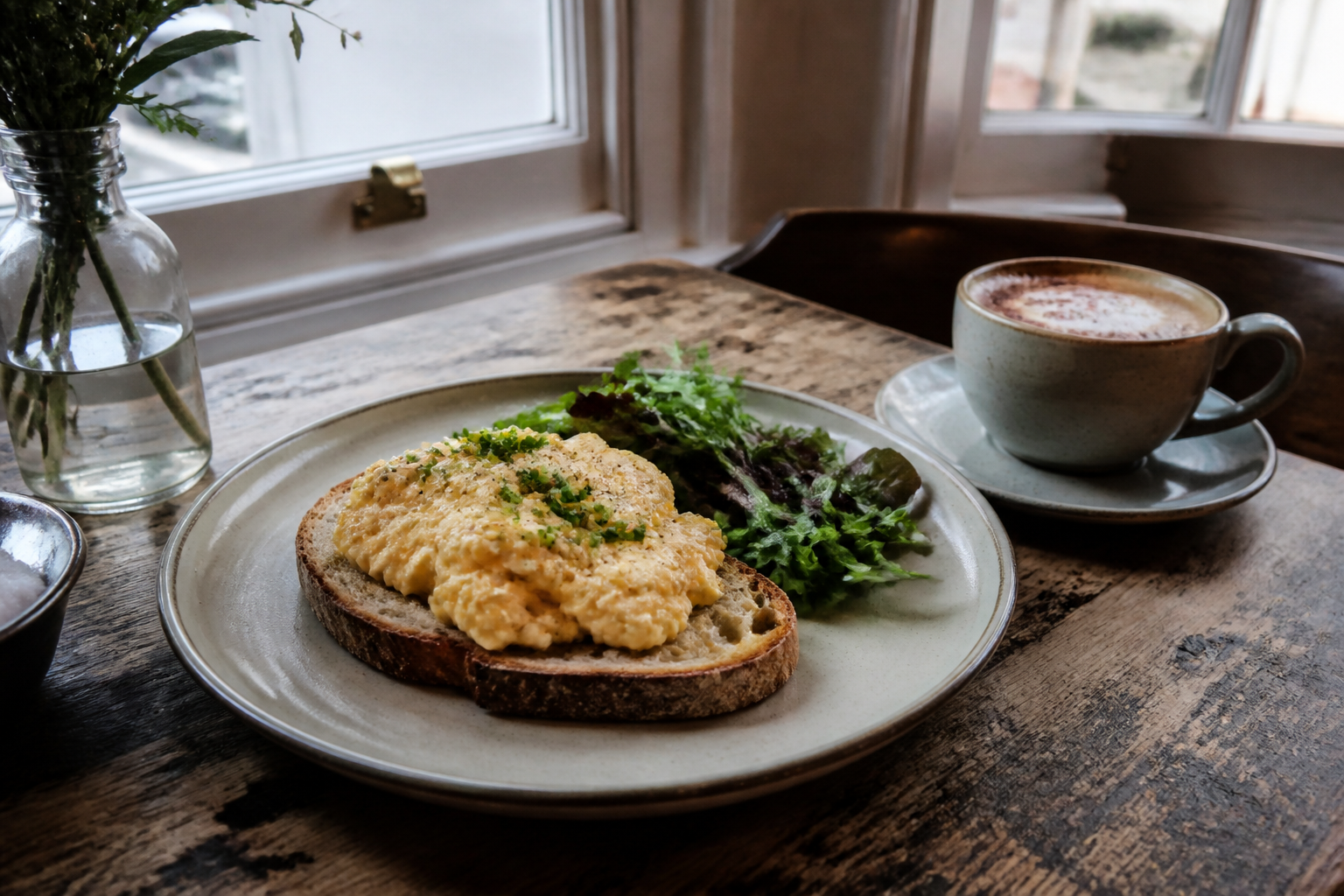 A brunch plate and coffee on a wooden cafe table, with no menu and no price tickets