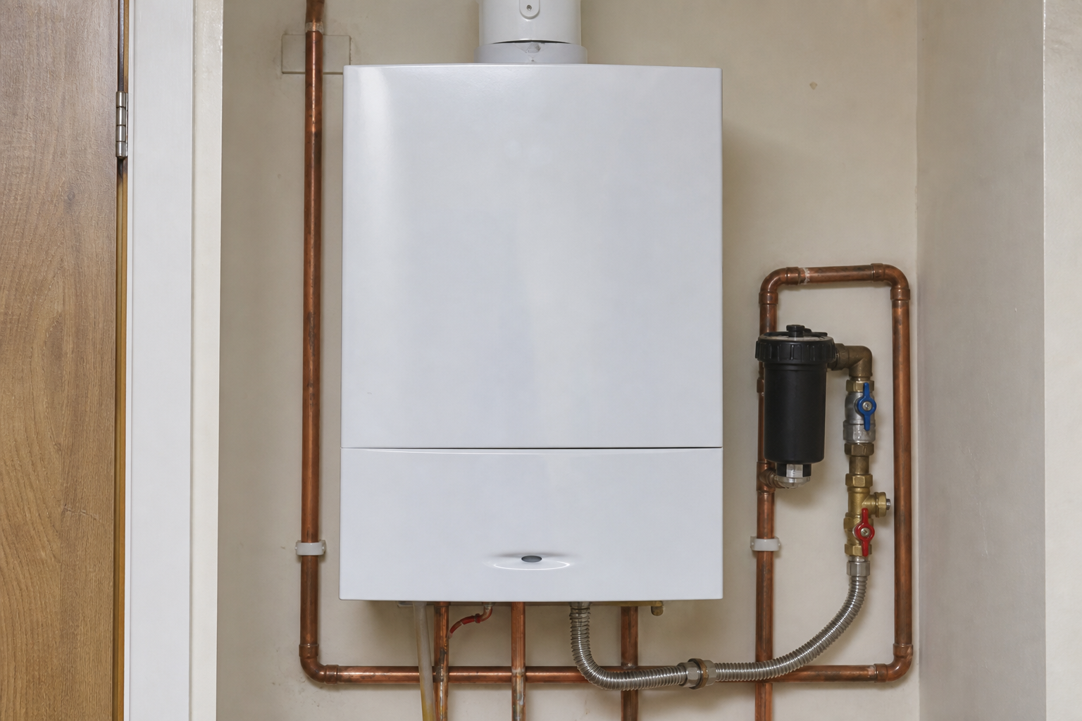 A domestic boiler on a utility-room wall with copper pipes