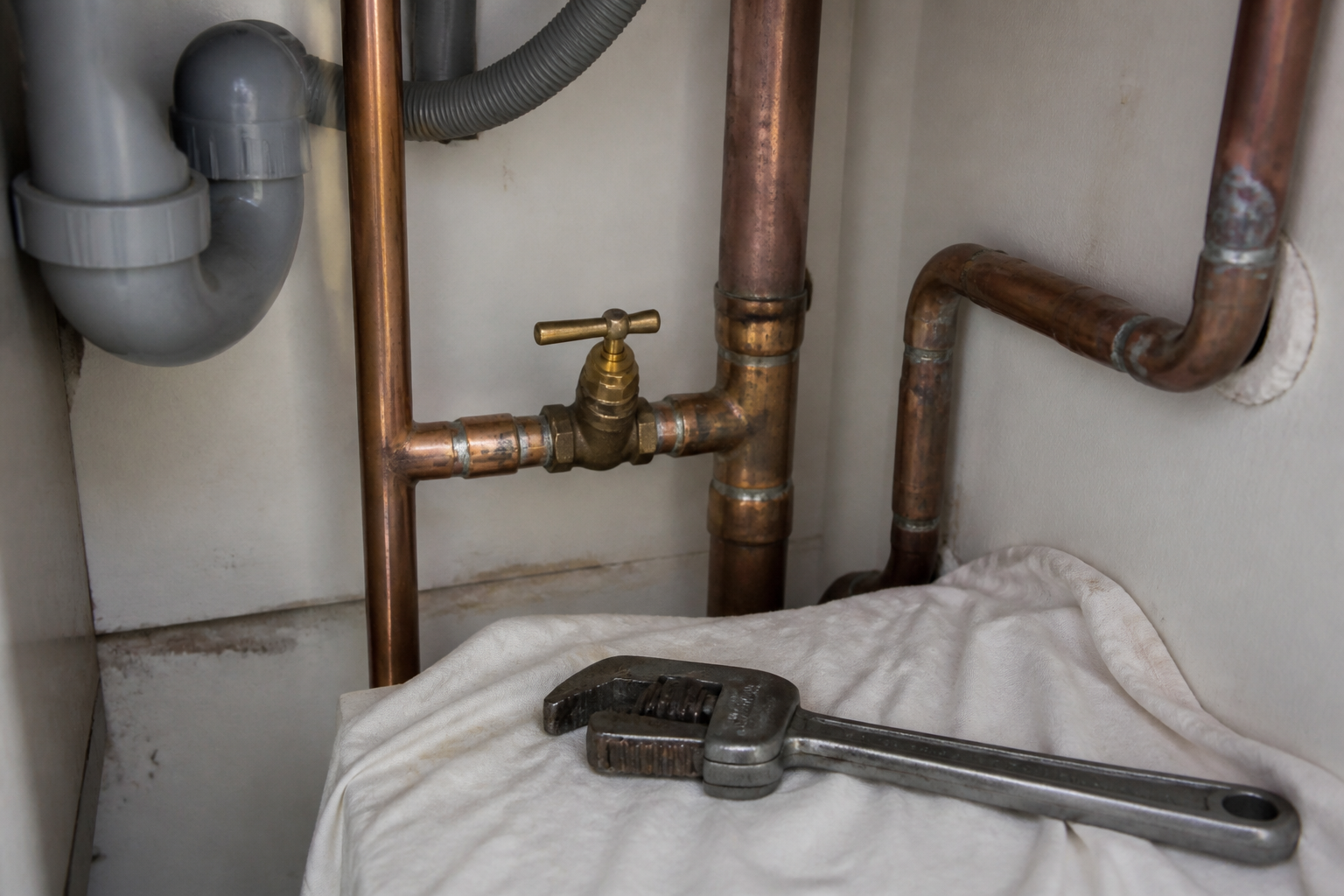 Copper pipework and a stopcock under a kitchen sink