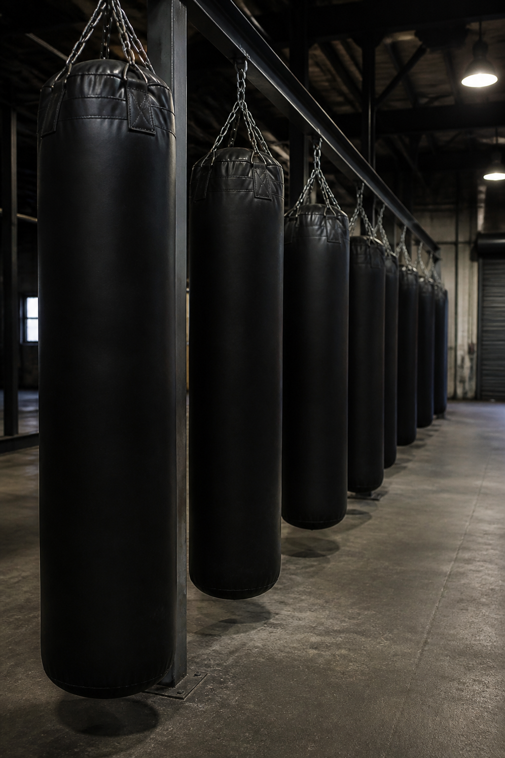 Unmarked heavy bags hanging in a warehouse gym, with no brand names