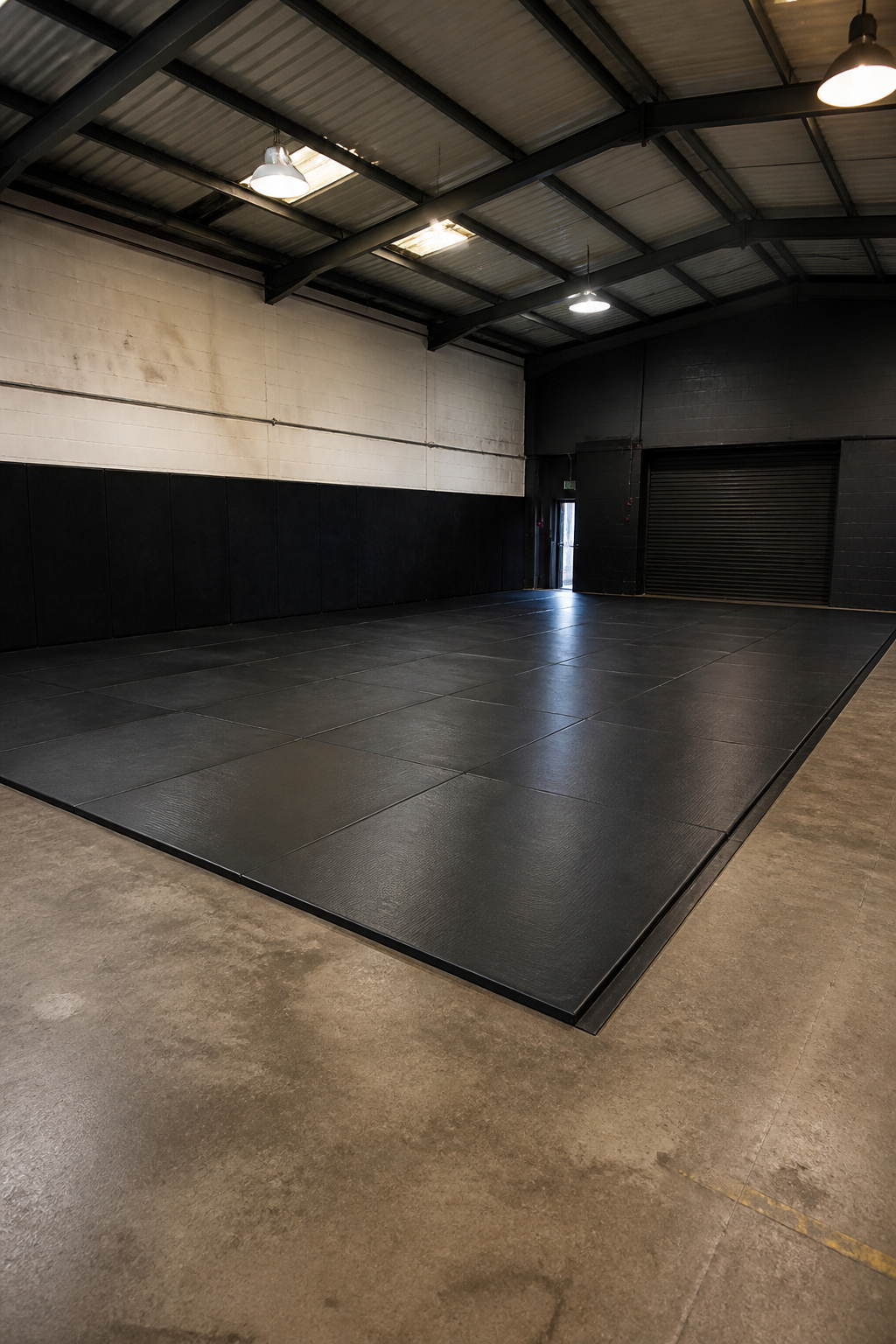Empty mats on a warehouse gym floor under industrial lights, with no logos