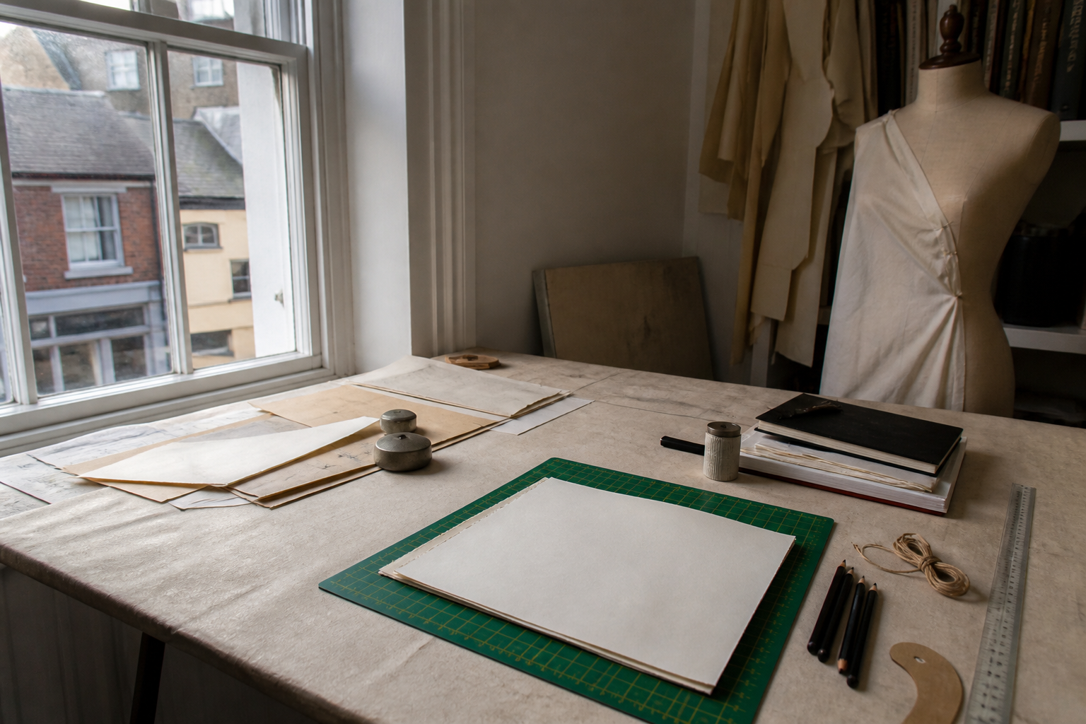 A designer’s work table with paper and calico, with no brand names and no prices