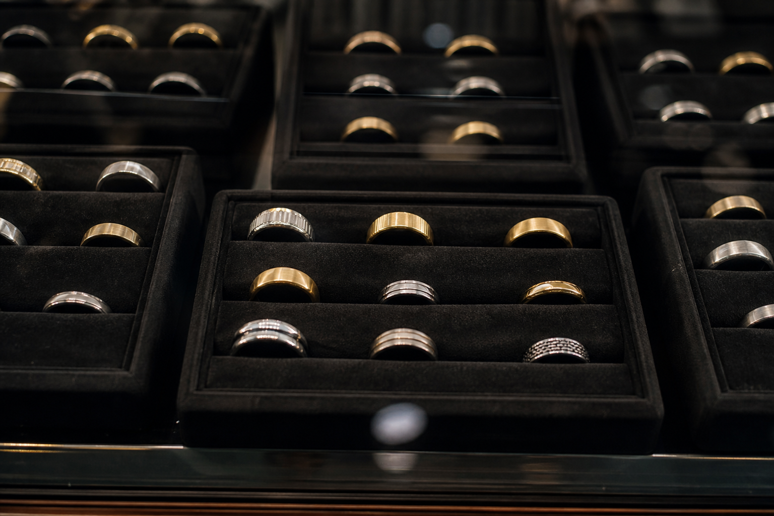 Ring trays on dark velvet under a glass counter, with no brand labels