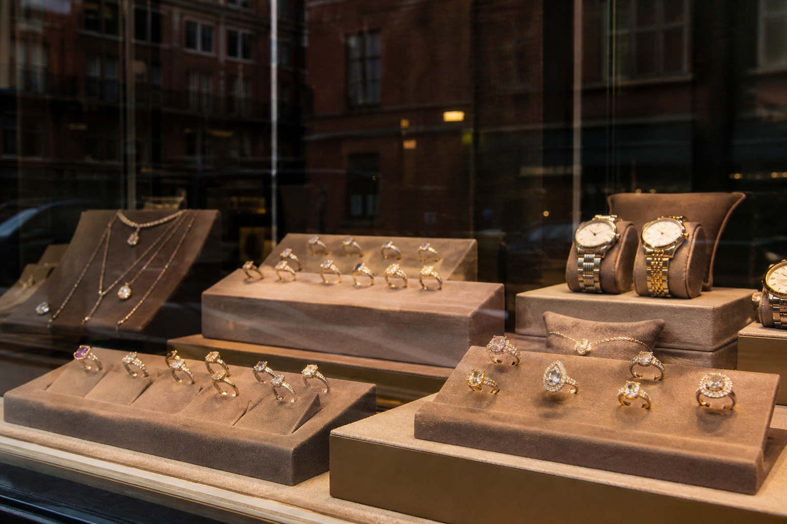 Jewellery trays in a shop window behind glass, with no price tickets