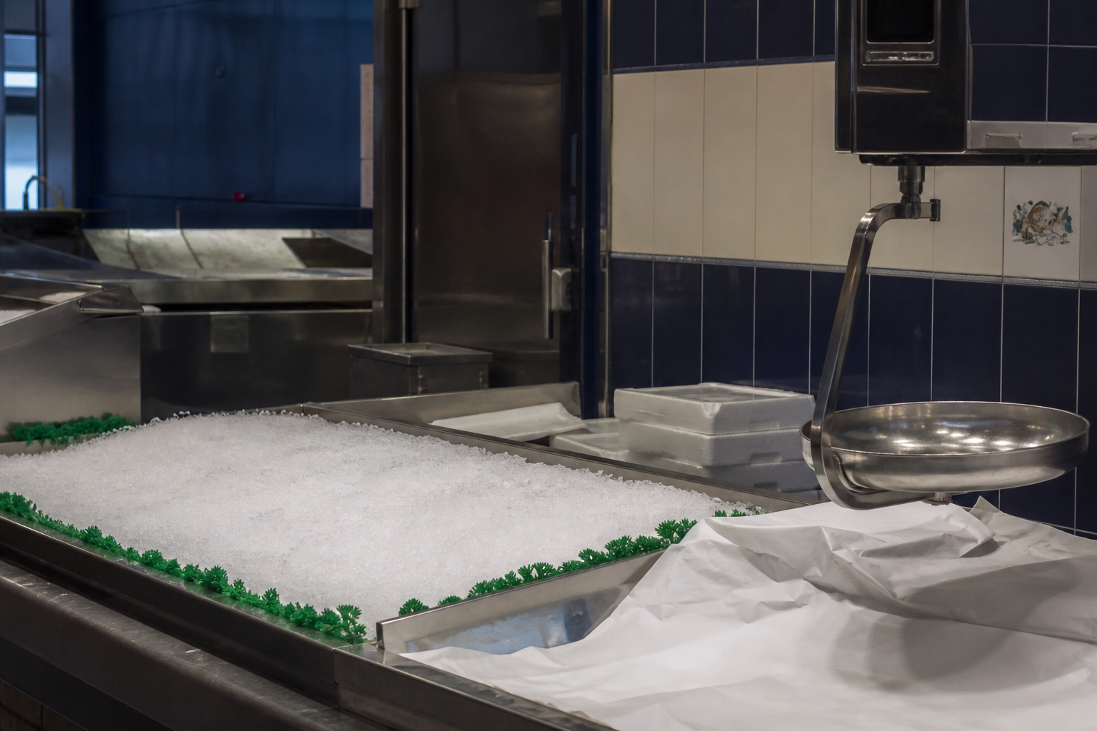 An empty British wet-fish counter with crushed ice, with no prices