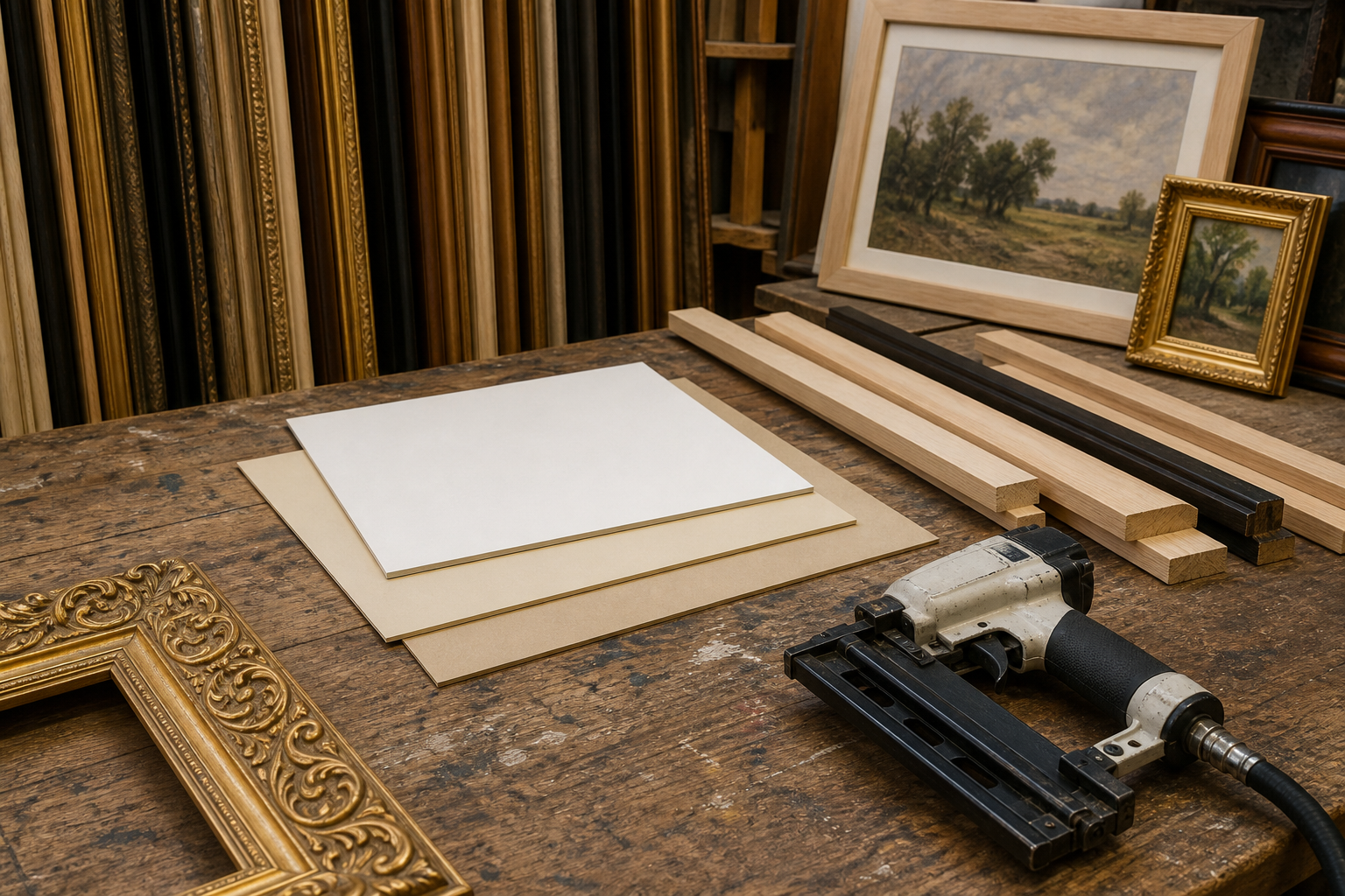 A framing workbench with mount boards, mouldings, a gold frame corner and a nail gun