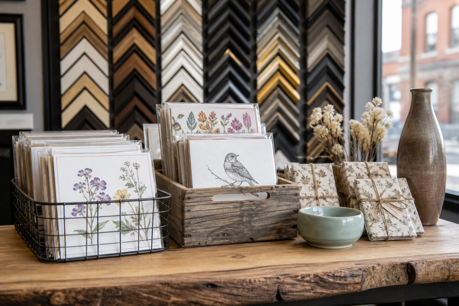 Greeting cards and small gifts on a wooden table in front of frame samples