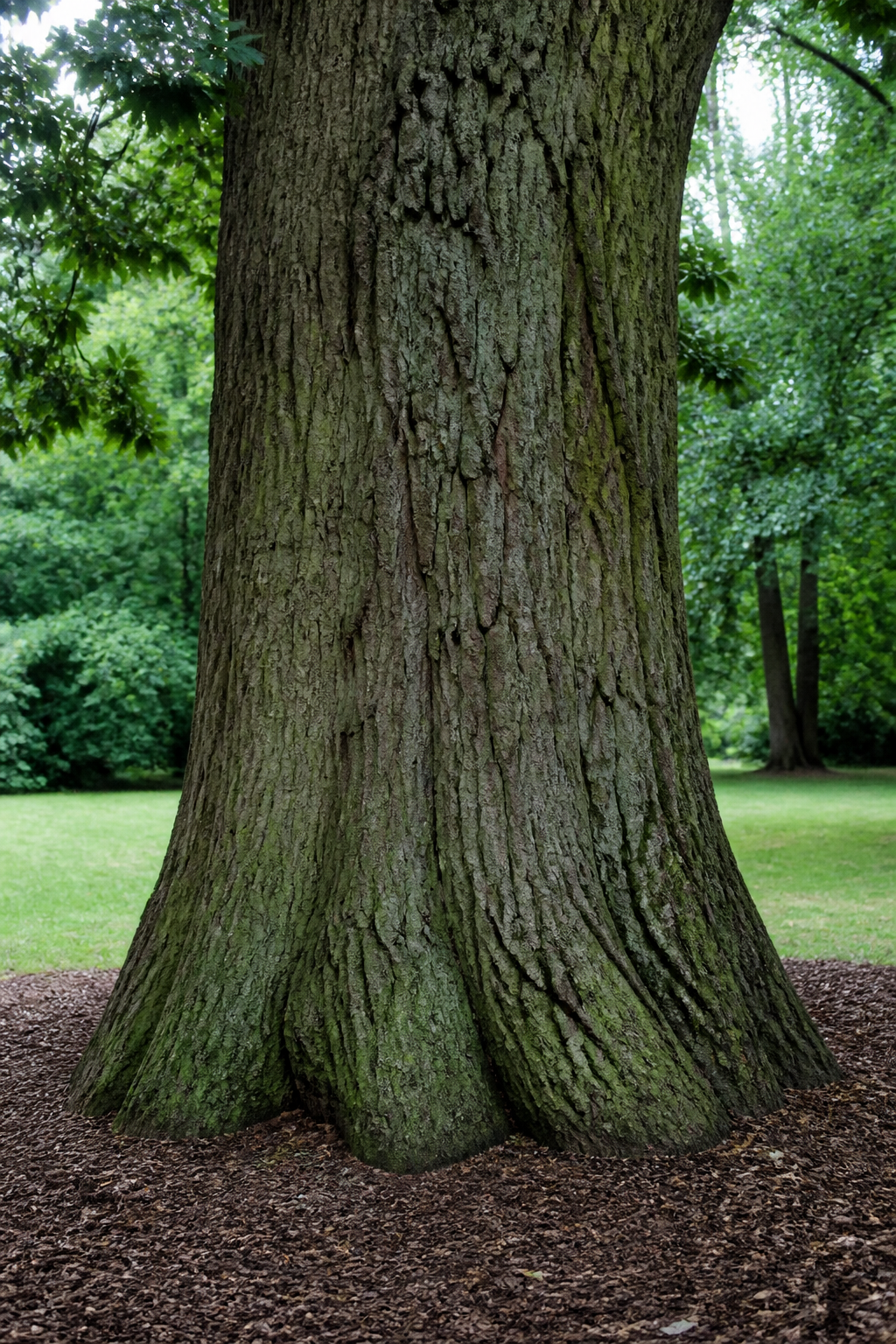 A large English tree trunk with woodchip at the base, with no logos