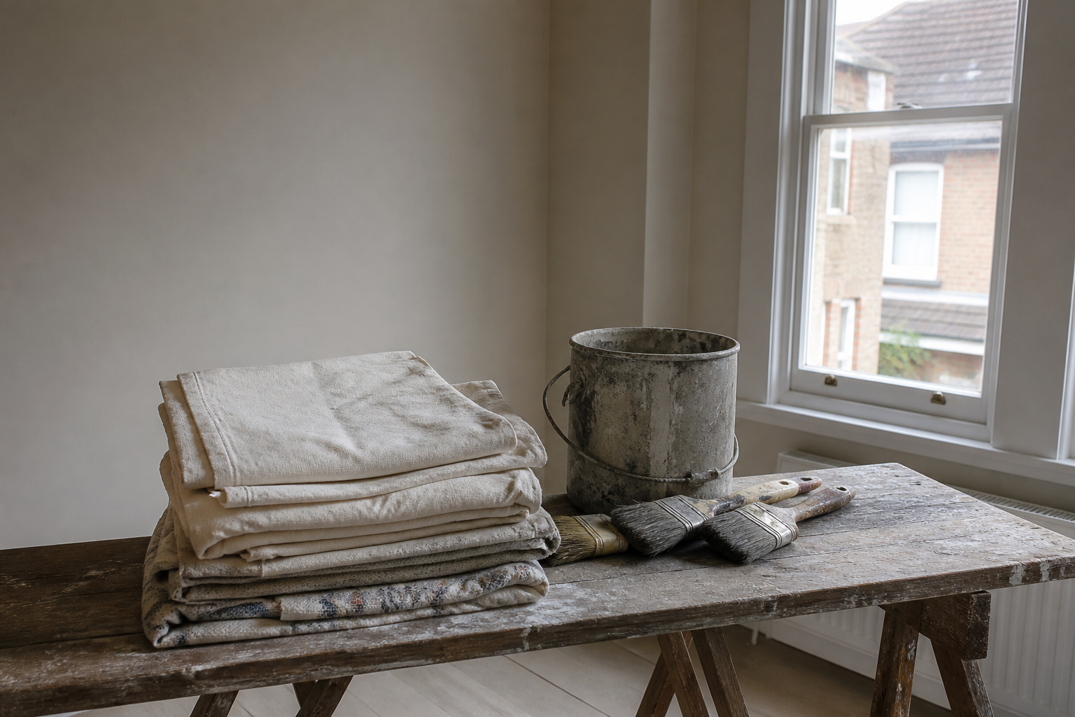 Decorator brushes and a paint kettle on a wooden trestle, with no brand names