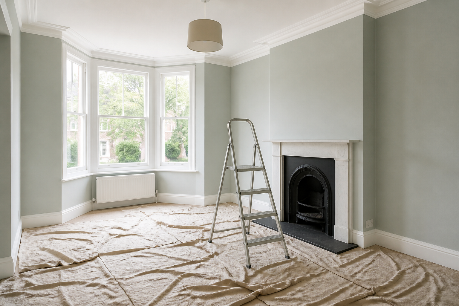 An empty British room with dust sheets and a stepladder, with no people