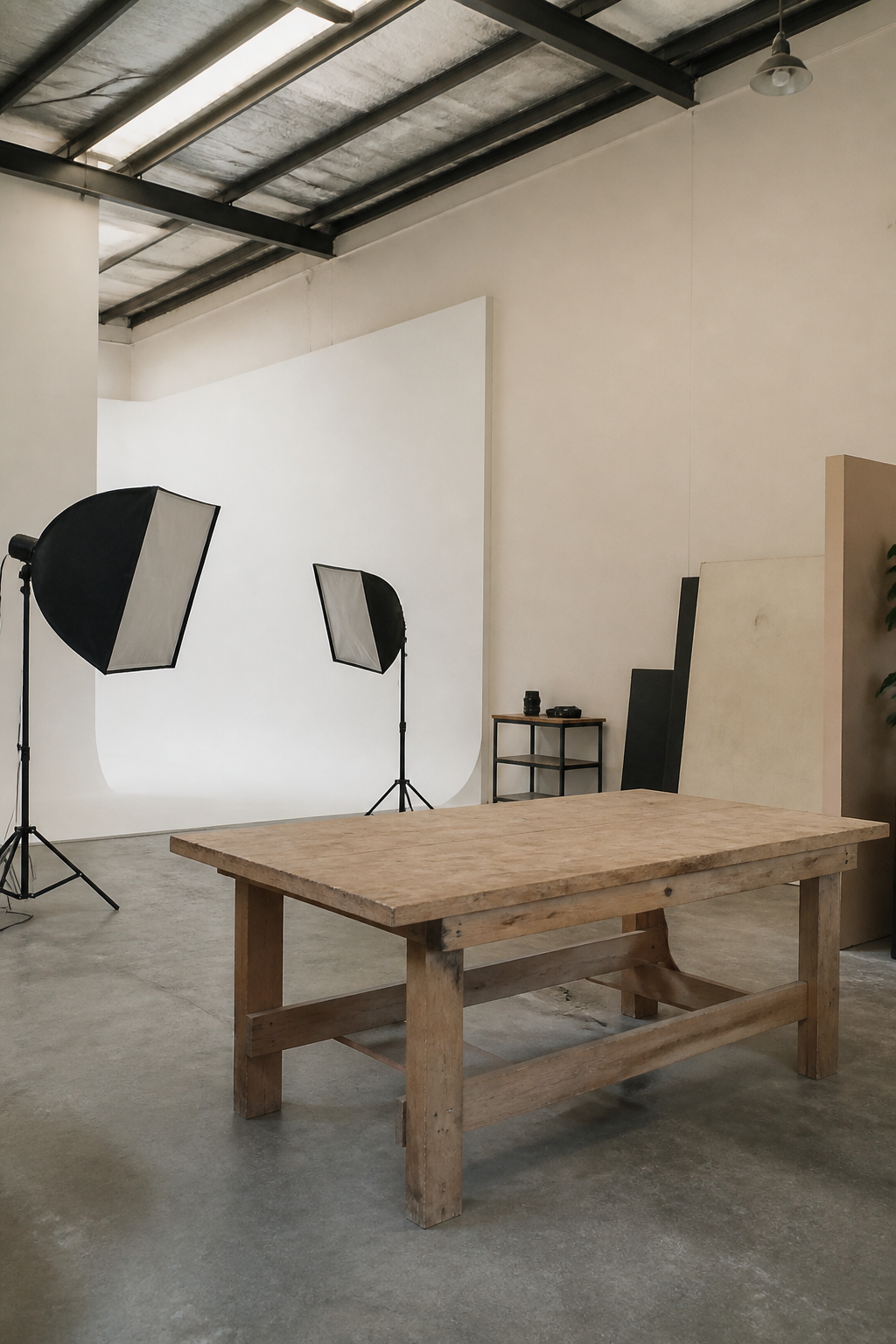 An empty creative studio interior in a warehouse unit, with no logos