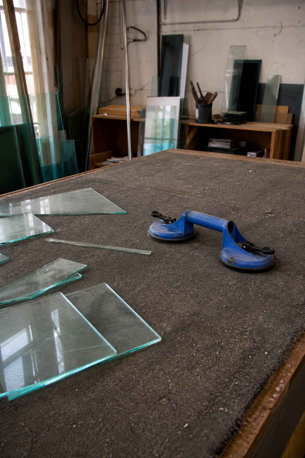 A glazier workbench with a suction lifter and glass offcuts, with no brand names