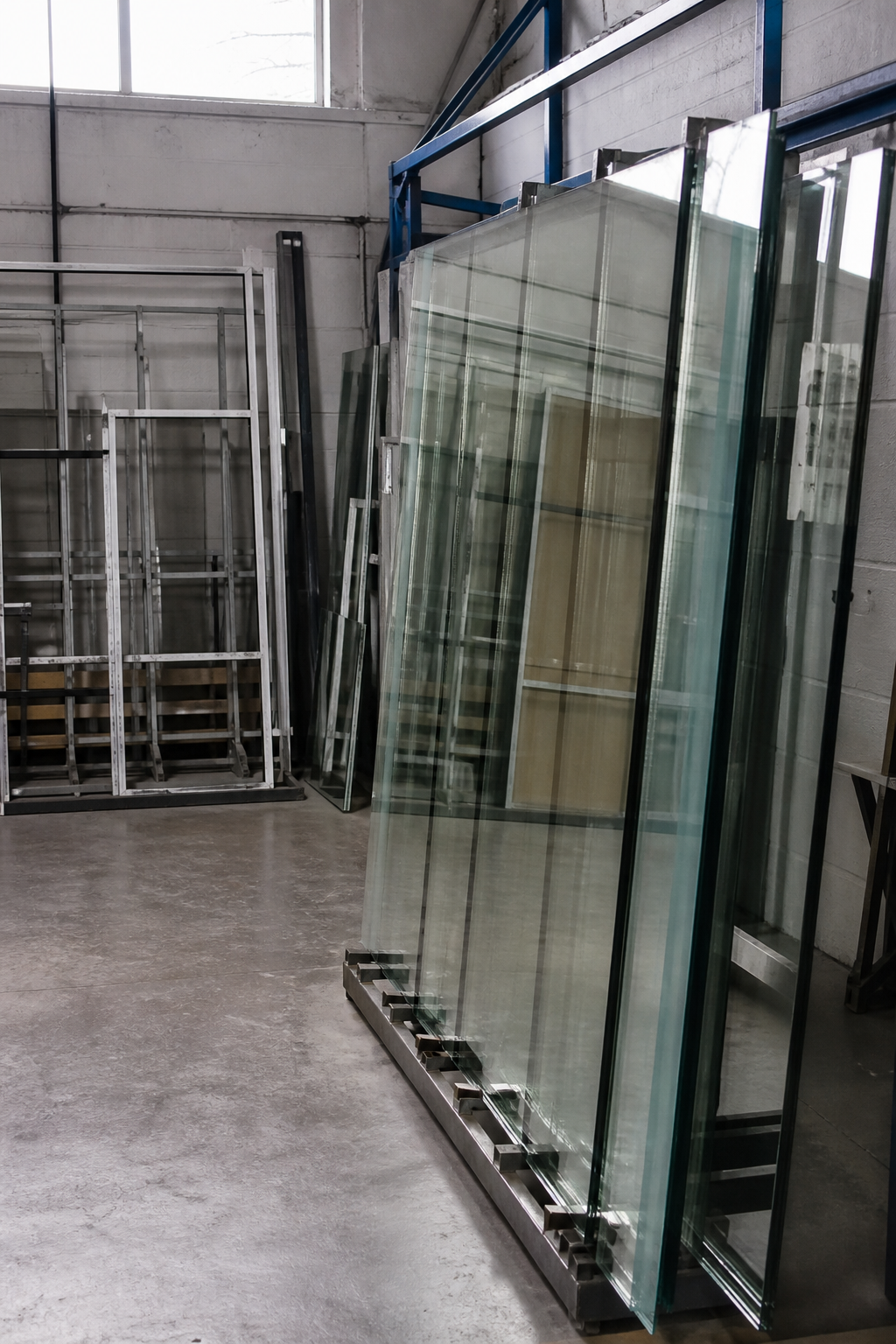Unmarked glass sheets on a rack in an empty British glazing workshop, with no logos