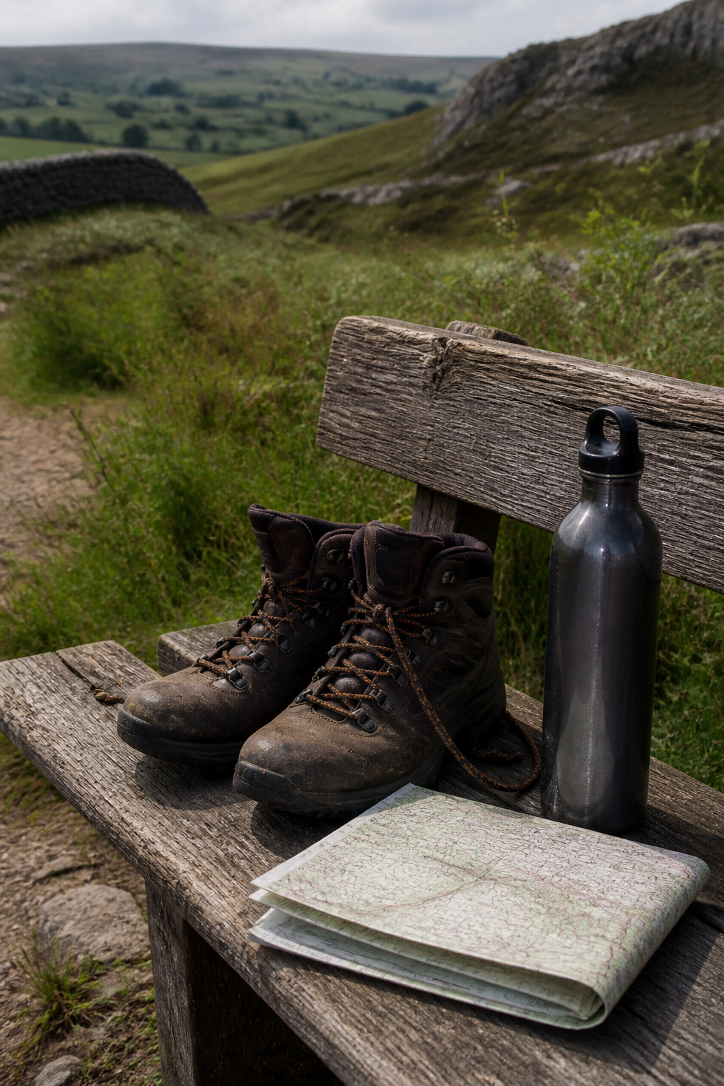 Walking boots and a folded map on a wooden bench, with no logos