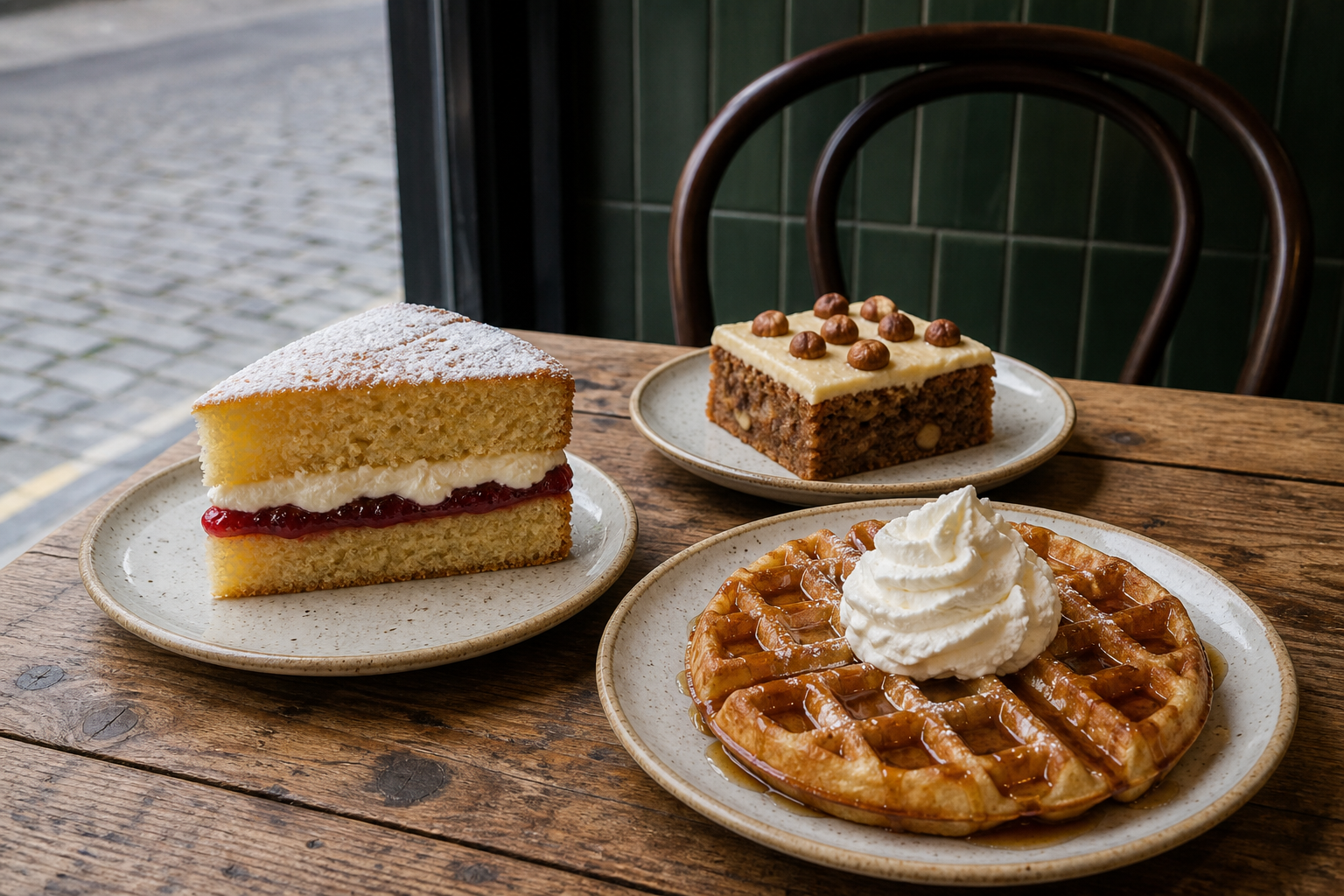 Victoria sponge, a nut-topped cake and a waffle on cafe plates