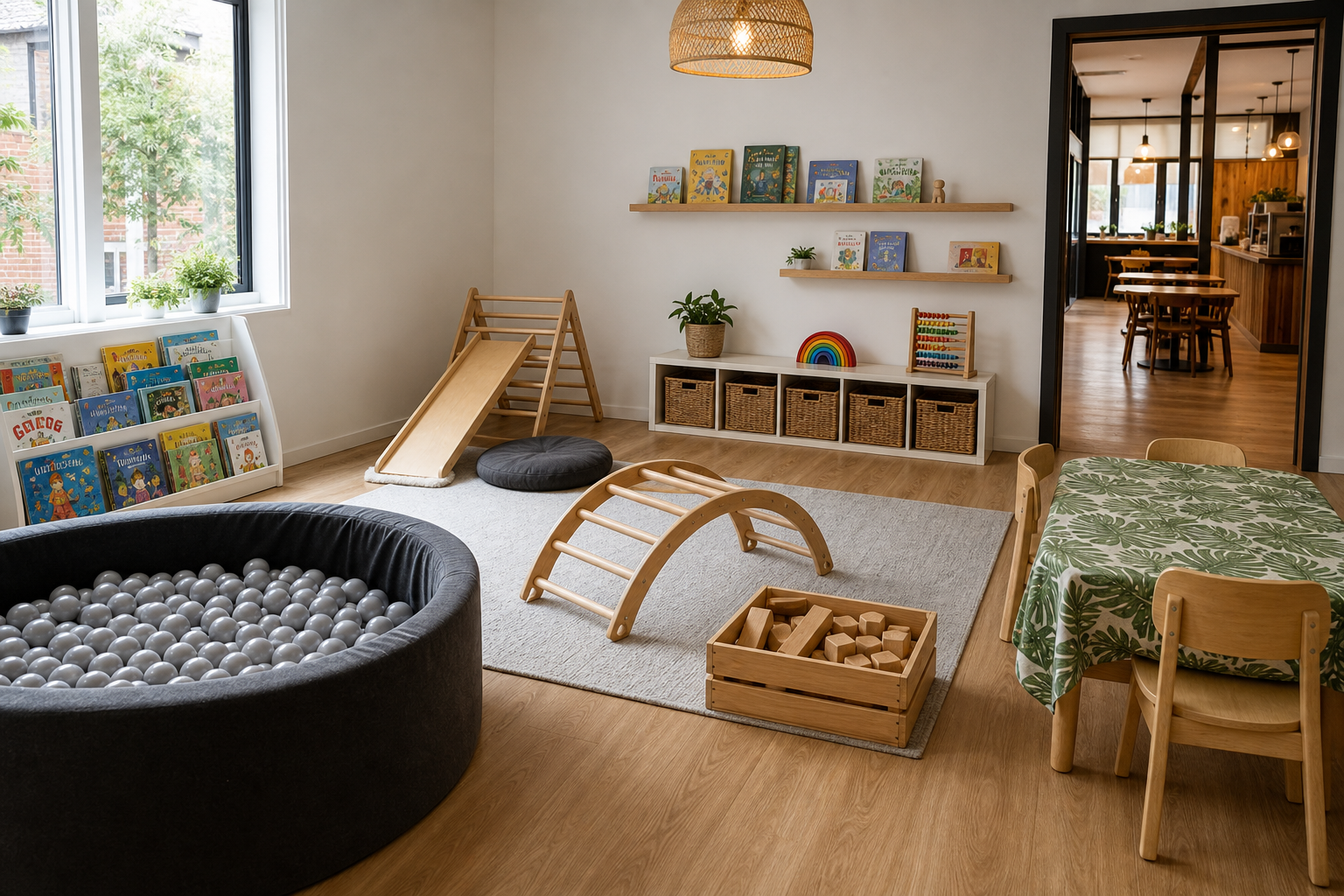 An empty first-floor playroom with wooden toys, a ball pit and a climbing frame