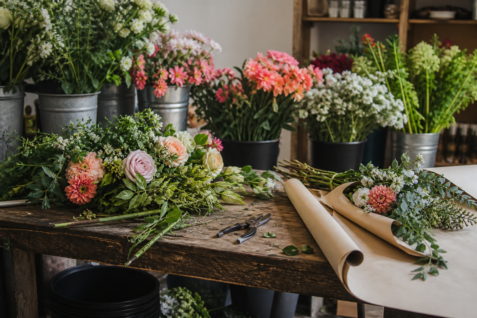 A home florist workbench with stems and kraft wrapping, with no people