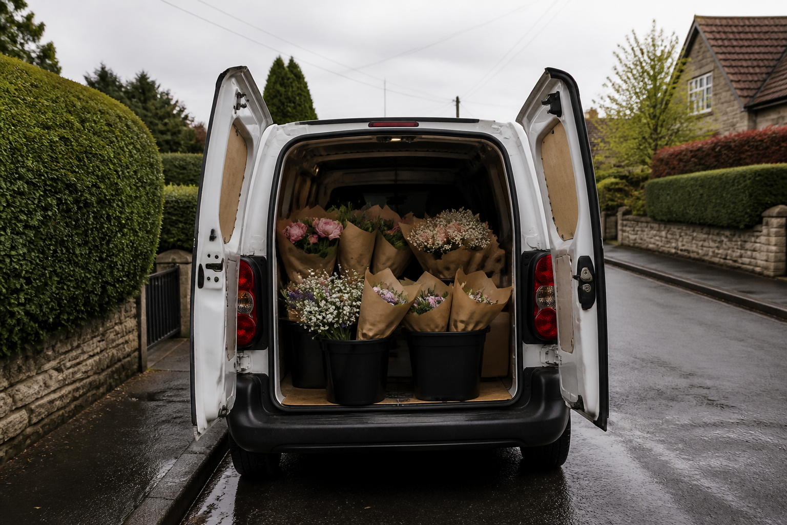 The open rear of an unmarked van packed with flower buckets, with no company lettering