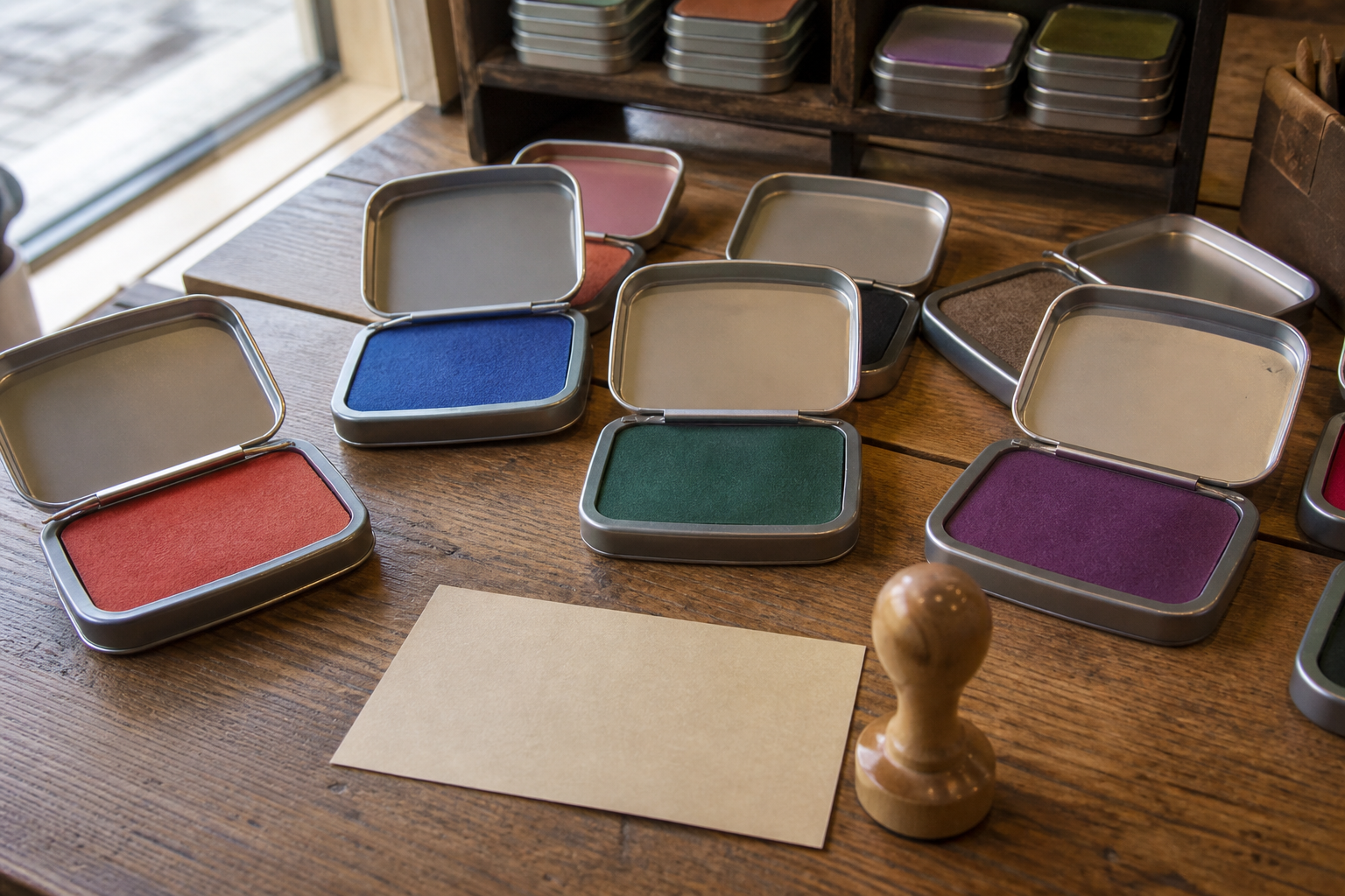 Stamp ink pads on a wooden counter, with no price tickets