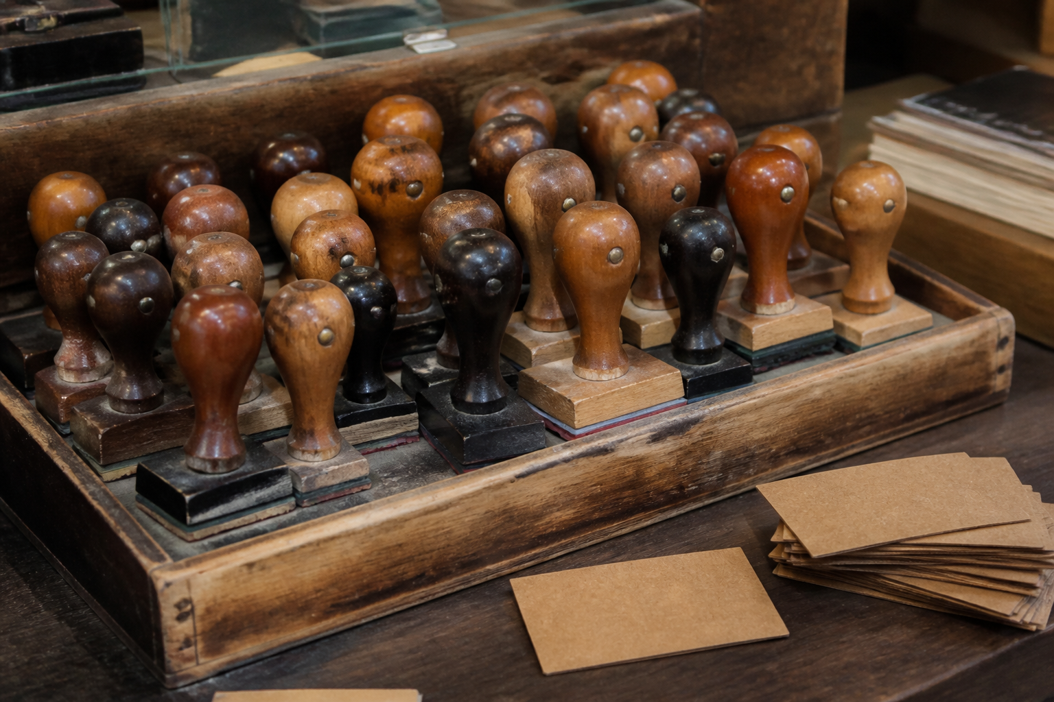 Wooden-handled rubber stamps in a worn tray beside blank kraft cards, with no brand labels