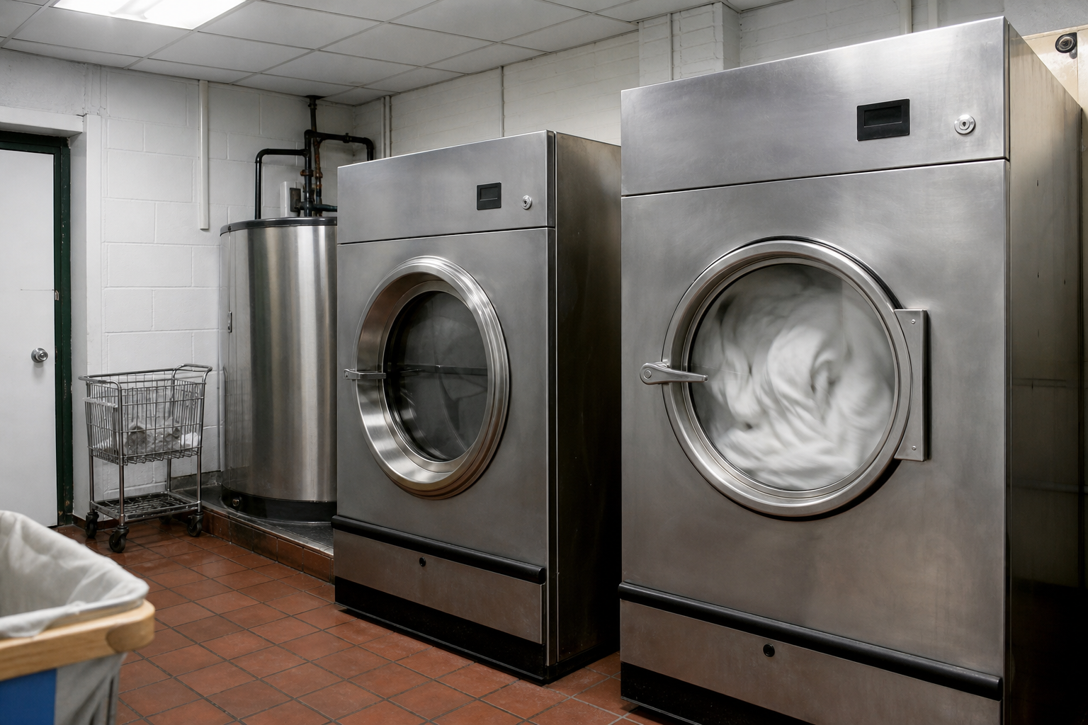 Industrial washing machines in a small British laundry, with no brand logos