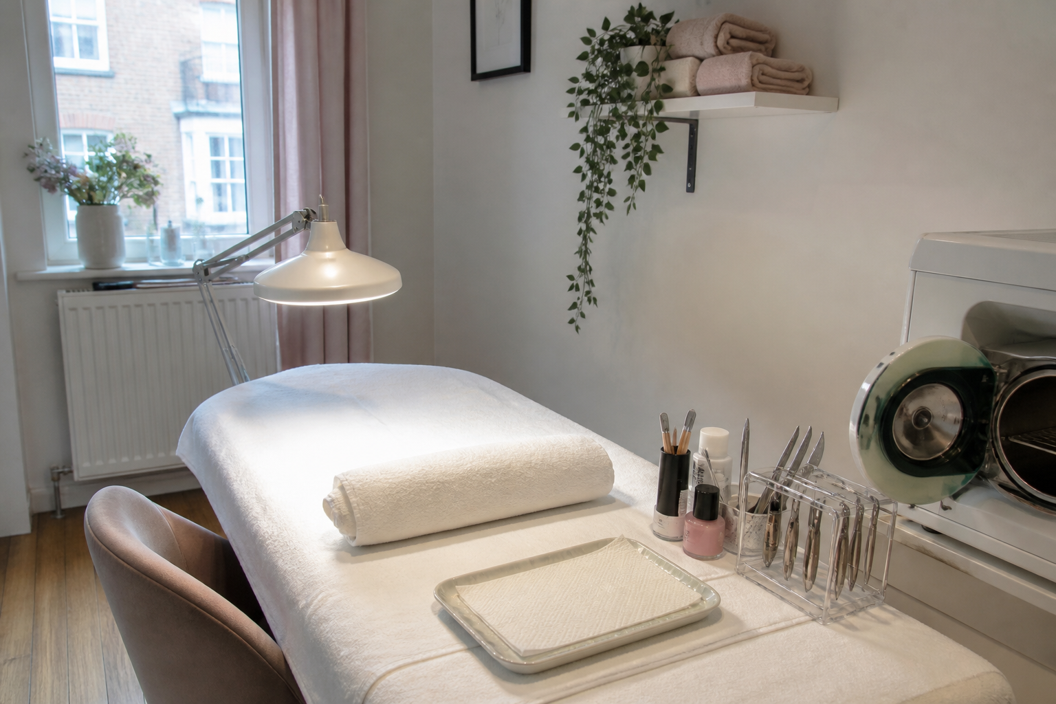 A home-based nail studio: treatment table, white towels, lamp and steriliser