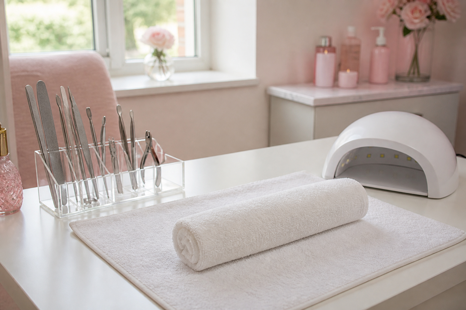 Manicure tools, a UV lamp and a towel on a nail-studio desk