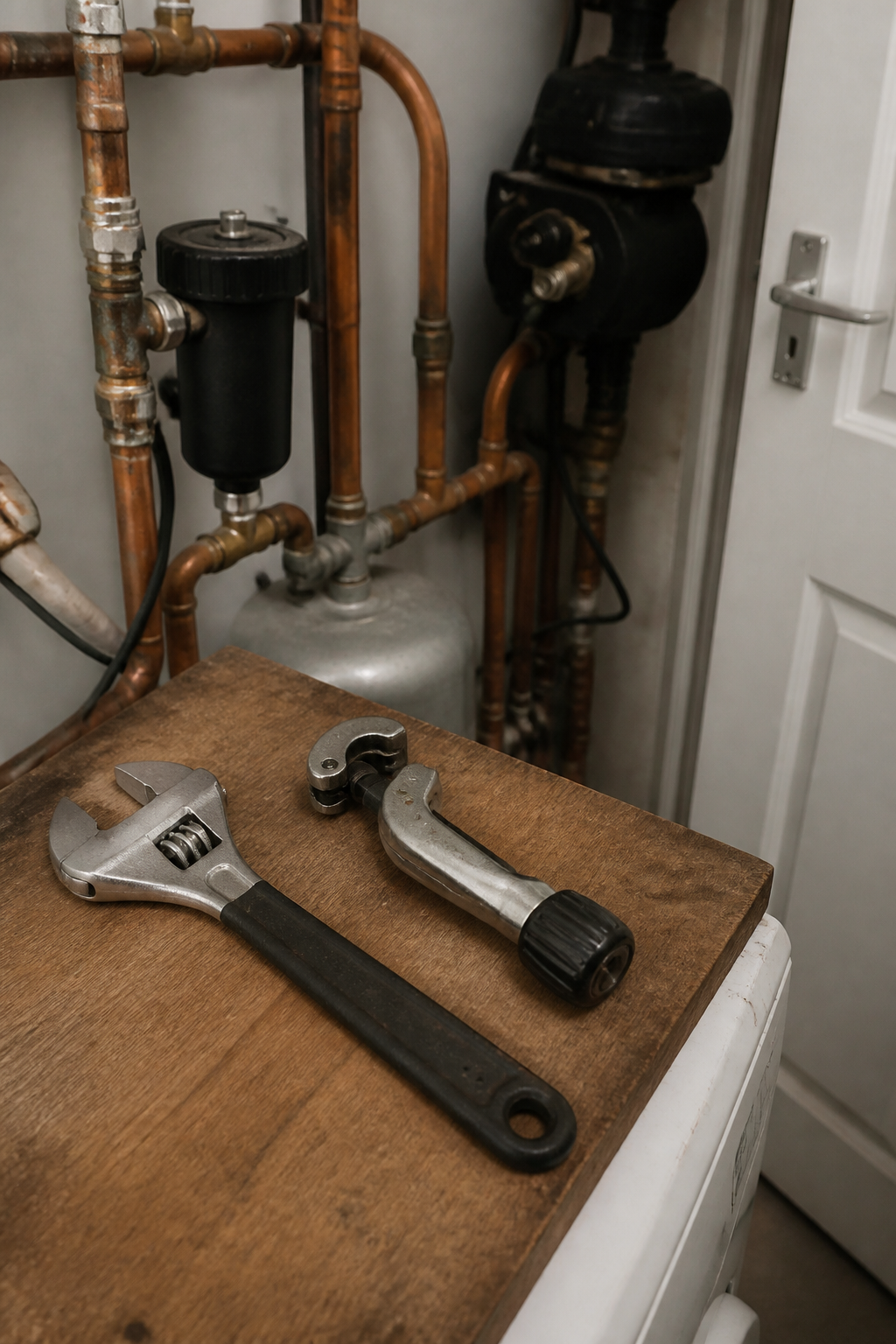 Plumber tools on a wooden board, with no logos
