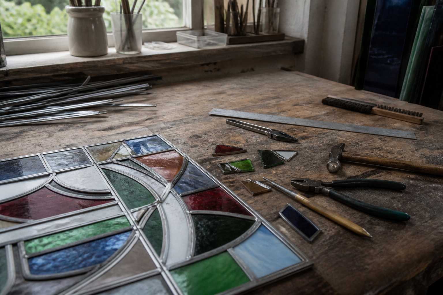 A stained-glass workbench with lead came and coloured offcuts, with no brand names