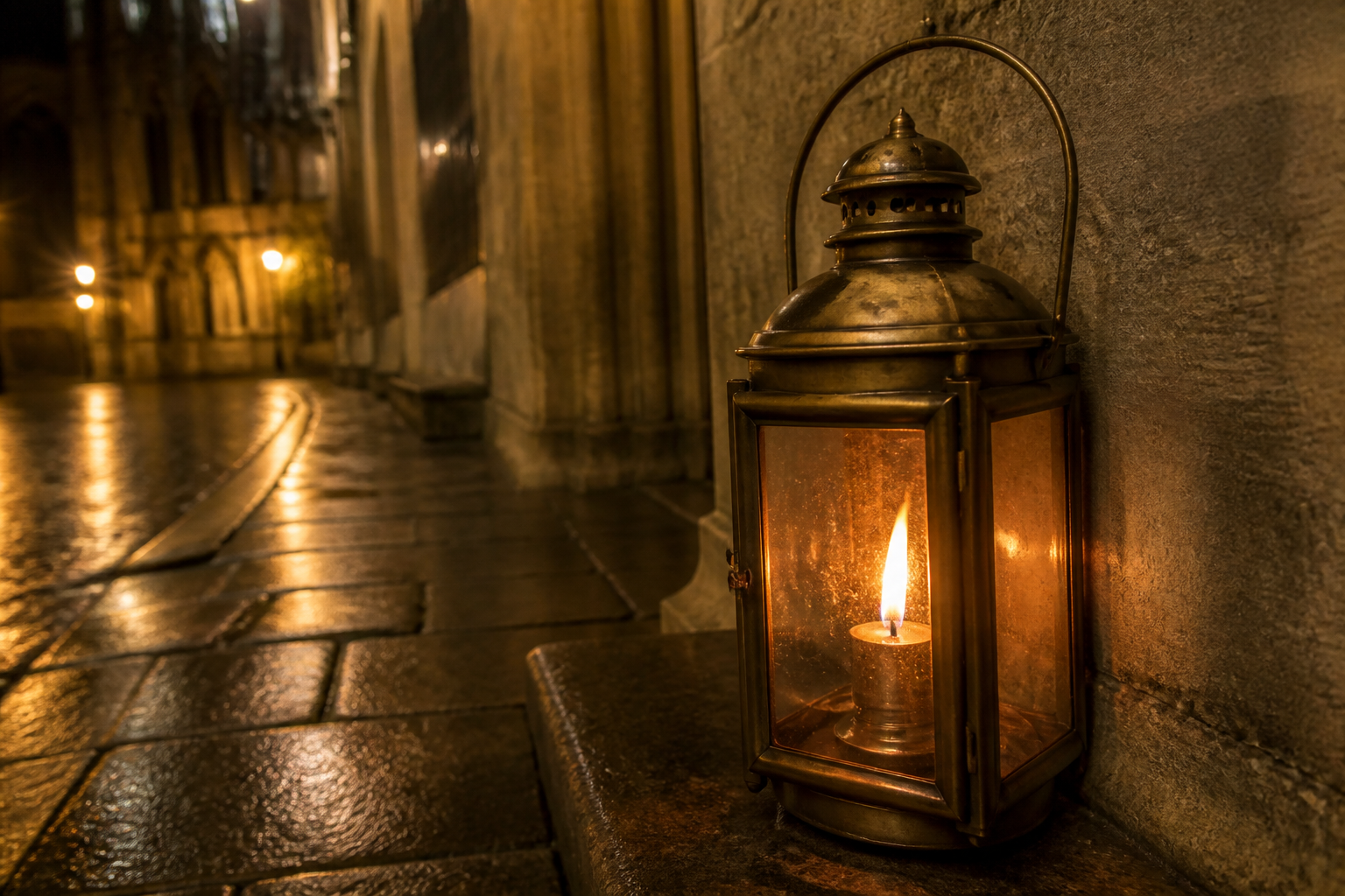 An old brass lantern on wet York stone at night, with no lettering