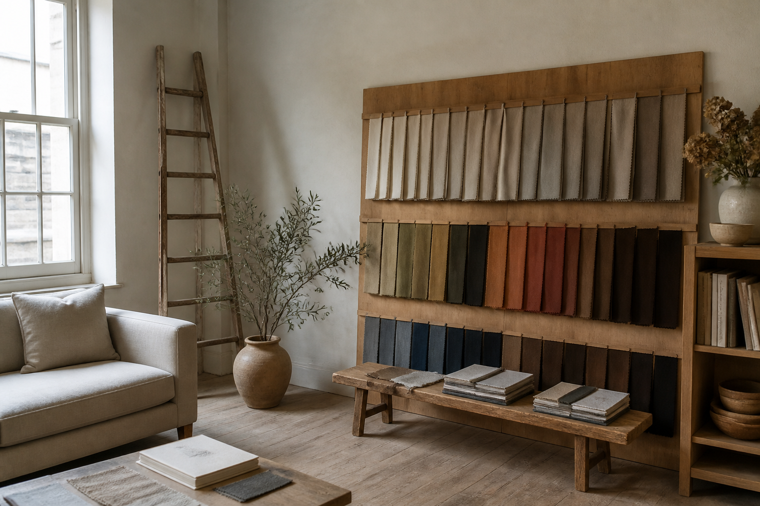 An interiors studio room with linen and unmarked fabric samples, with no prices