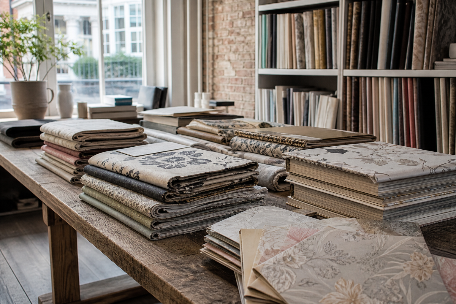 Unmarked furnishing fabrics and sample books on a timber table, with no brand names
