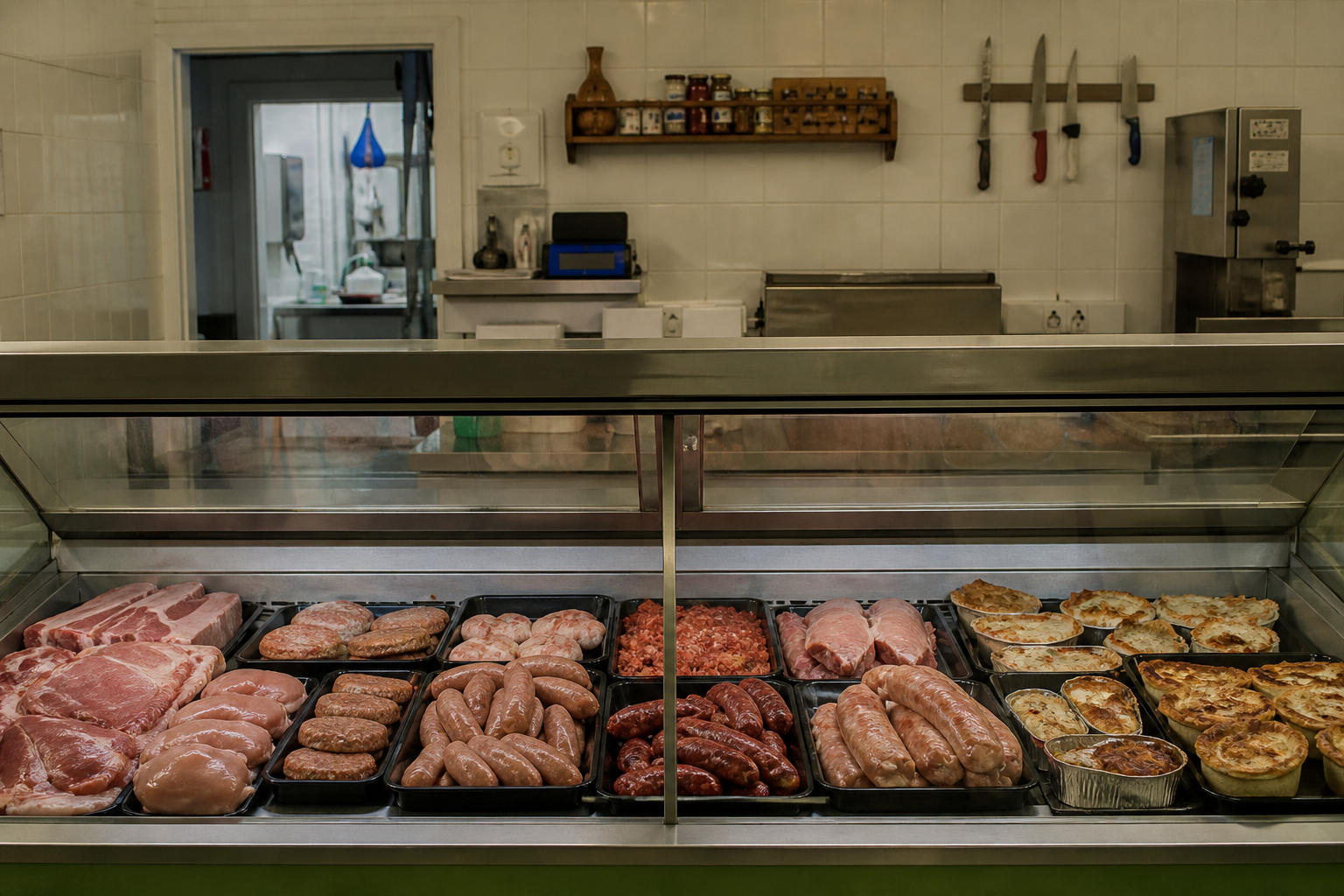 A butcher counter of sausages, pies, mince and ready meals in black trays