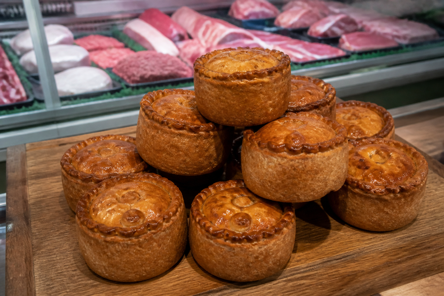 A stack of golden savoury pies on a wooden board in front of the meat counter
