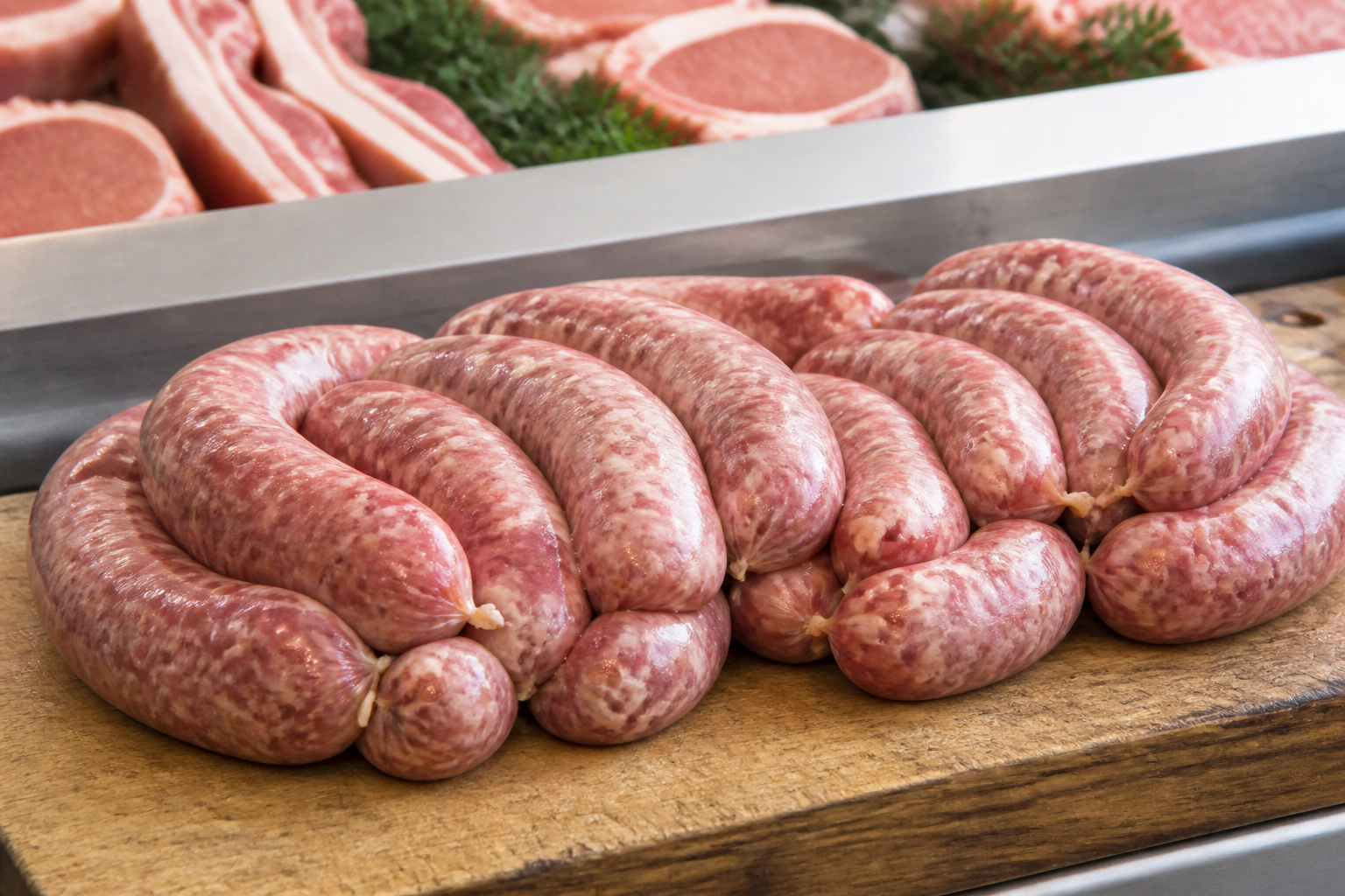 Linked sausages on a wooden butcher board