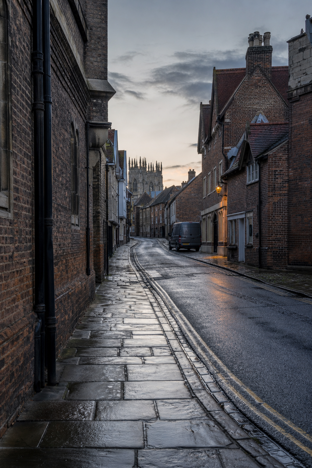 A quiet empty York street at first light, with no readable signs